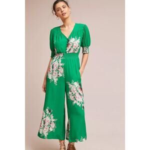 Tracy Reese Anthropologie Longwood Floral Jumpsuit Women’s 16 Kelly Green Puff
